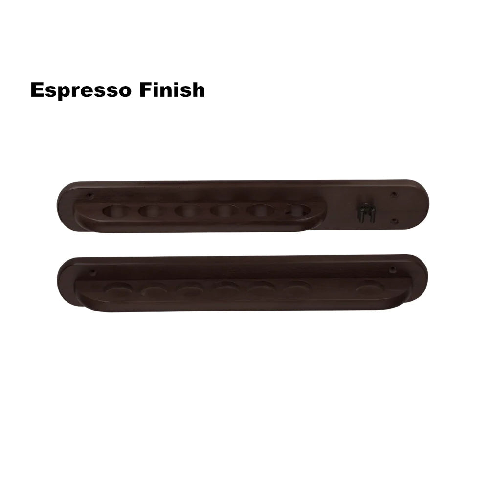 American Heritage 6-cue wall rack with bridge clip and an Espresso wood finish.