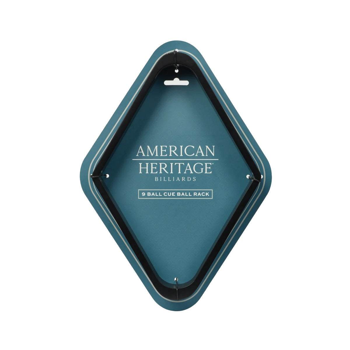 9-Ball Cue Rack in blue with black and white trim, diamond-shaped wooden frame, sleek American Heritage design.