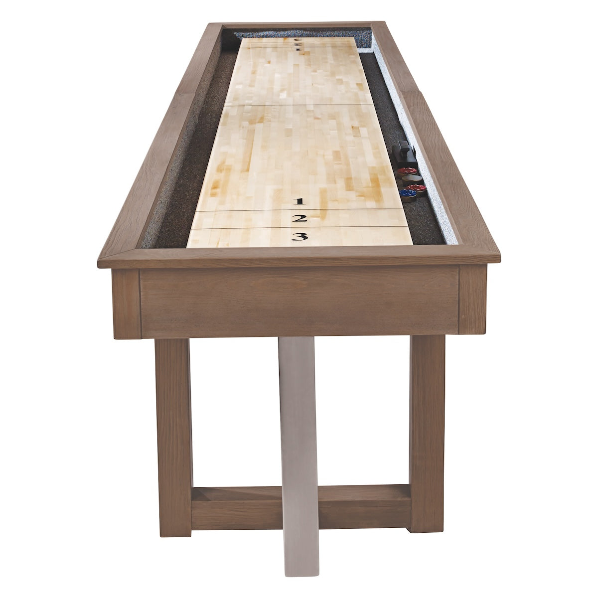 The 12-foot Abbey shuffleboard table designed by American Heritage - Aged Gray finish.