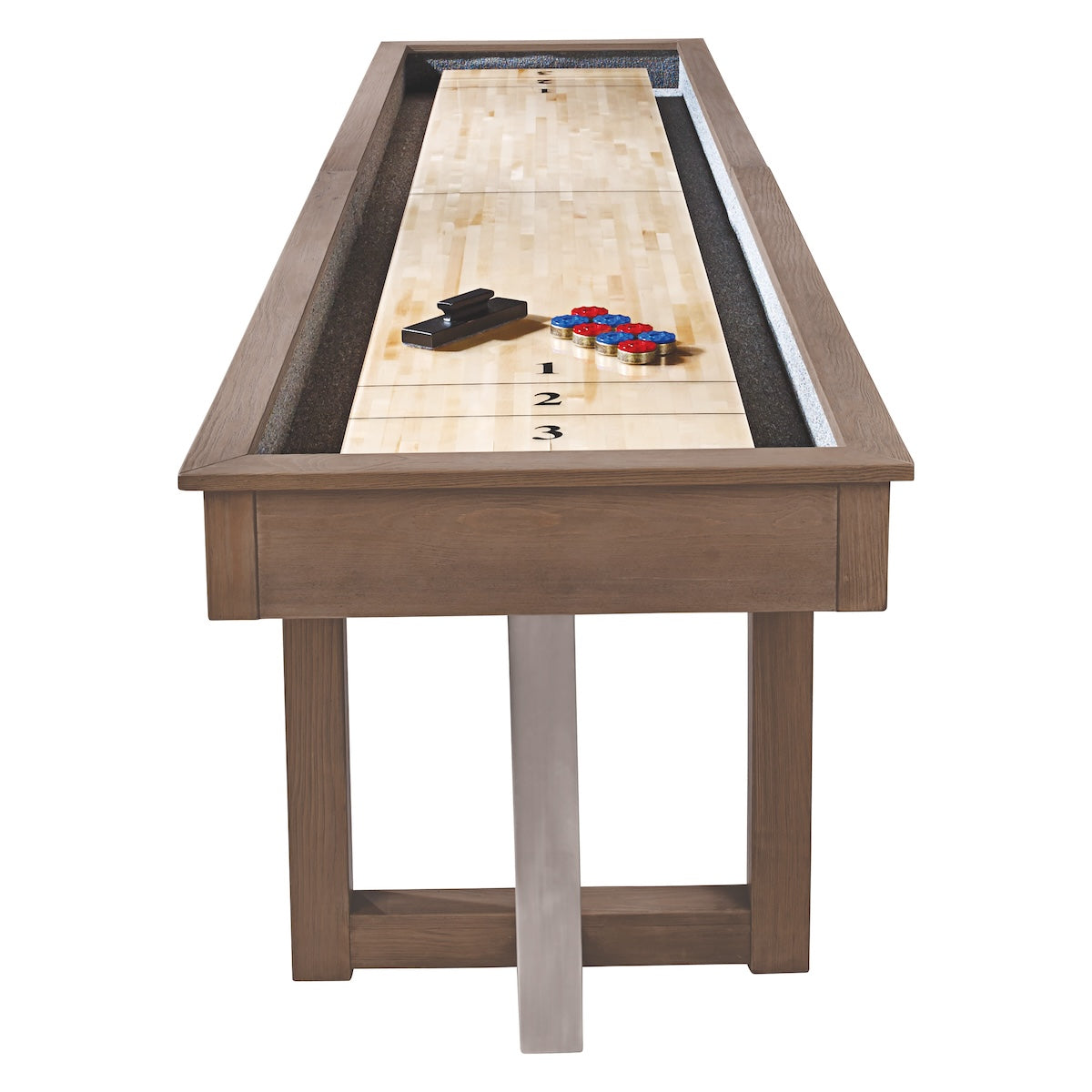 End view of the 12-foot Abbey shuffleboard table in Aged Gray designed by American Heritage.