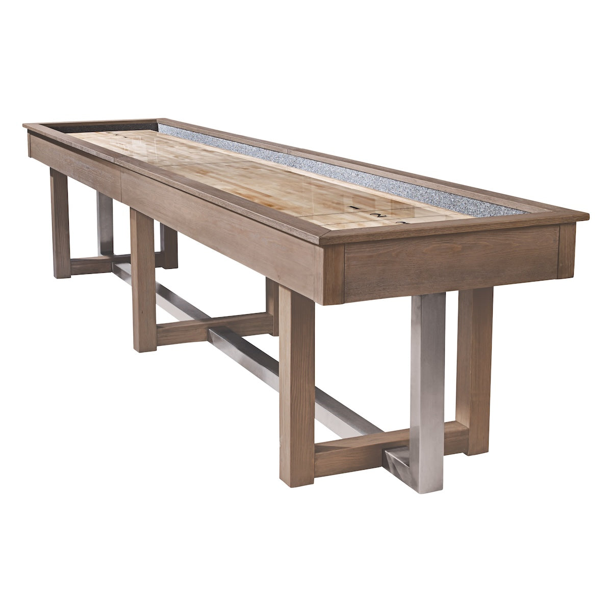 Angled end view of the 12-foot Abbey shuffleboard table with Aged Gray finish -  designed by American Heritage.