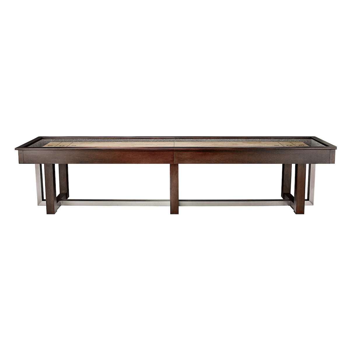 12-foot modern industrial Abbey shuffleboard table - an American Heritage design with an Espresso finish.
