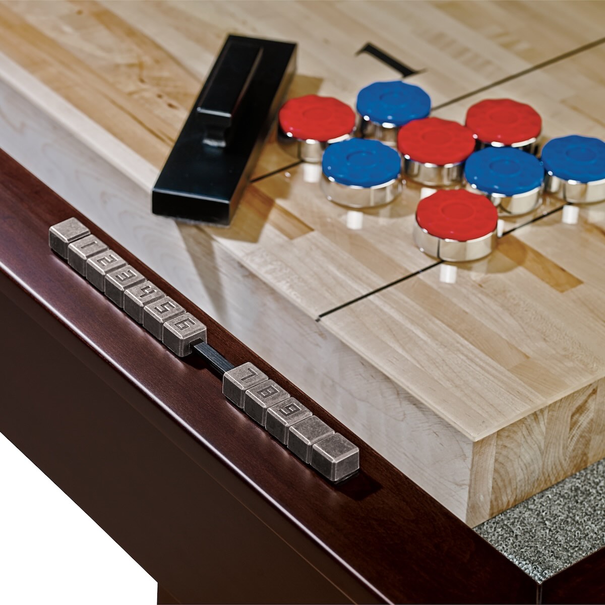 Abacus scoring system on the American Heritage 12-foot Abbey shuffleboard table in Espresso finish.