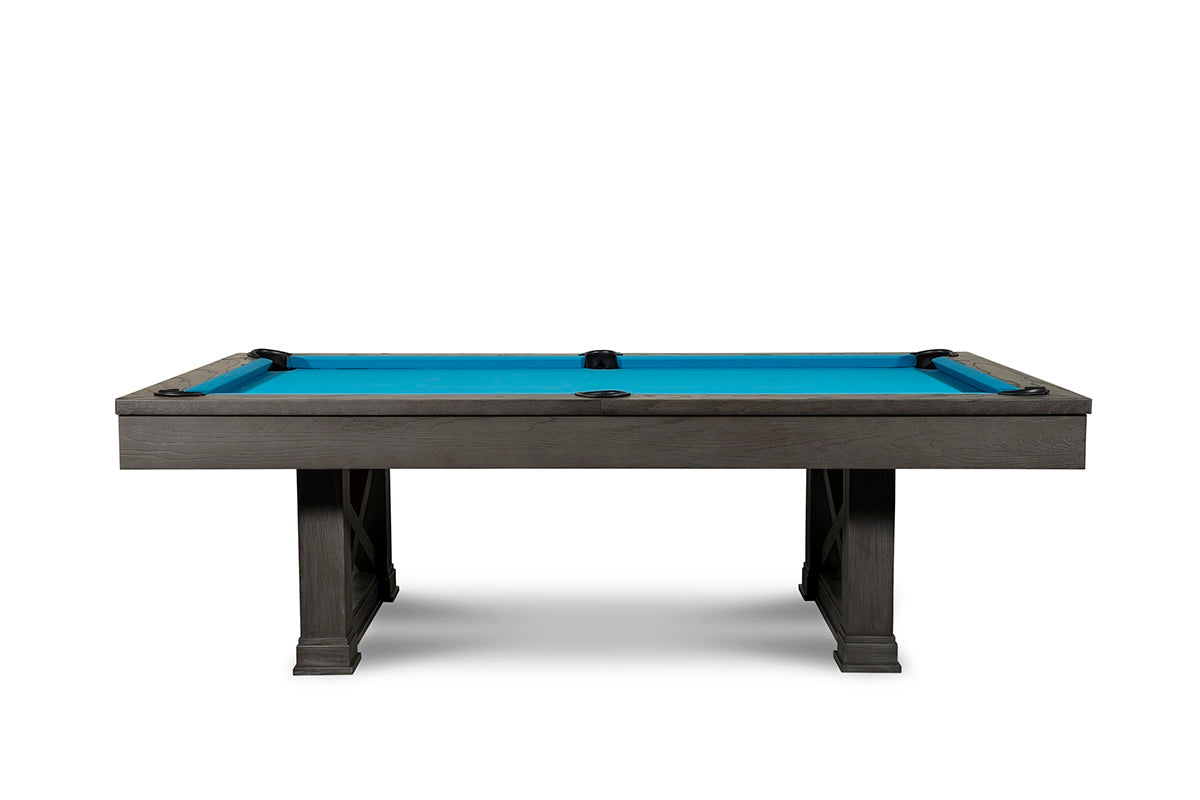 Isabella Agriturismo Slate Pool Table in charcoal hardwood with bright blue billiard cloth and modern rustic design features.