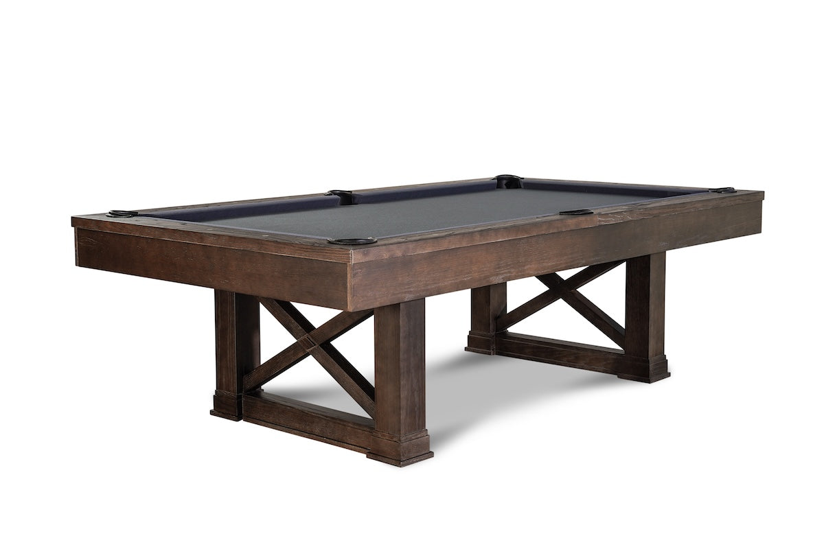 Isabella Agriturismo Slate Pool Table with brownwash genuine hardwood frame, slate playing surface, and black felt pockets.