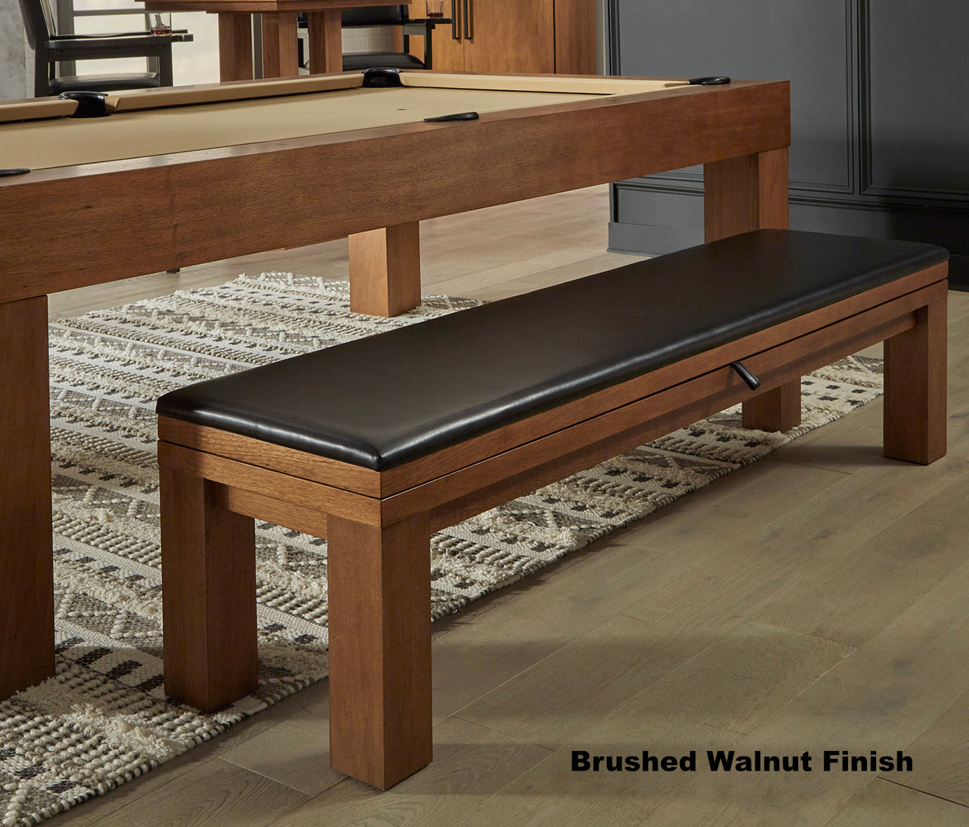 American Heritage Alta storage bench in Brushed Walnut beside an Alta slate pool table.