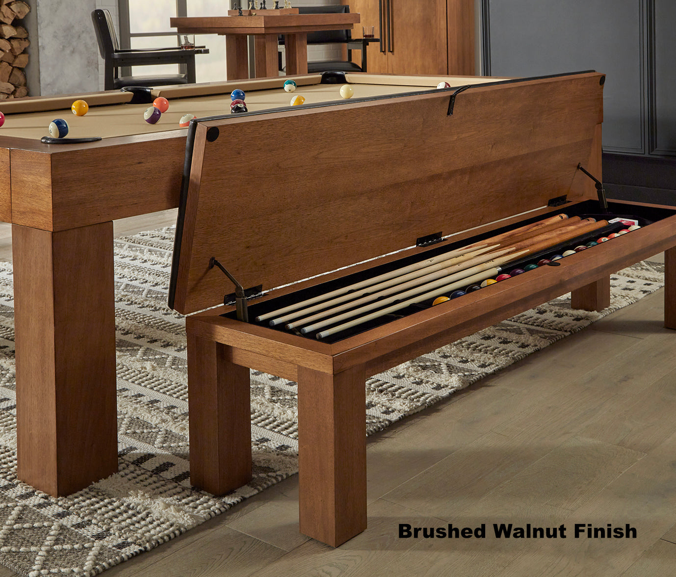 American Heritage Alta bench in Brushed Walnut with seat open showing a storage compartment for billiard accessories.