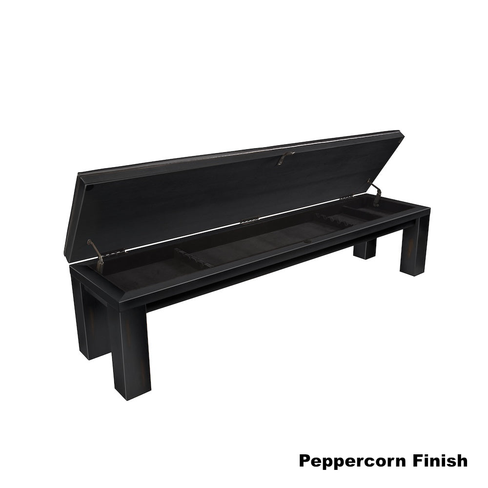 Alta bench by American Heritage - contains under-the-seat storage compartment for billiard accessories - Peppercorn finish.
