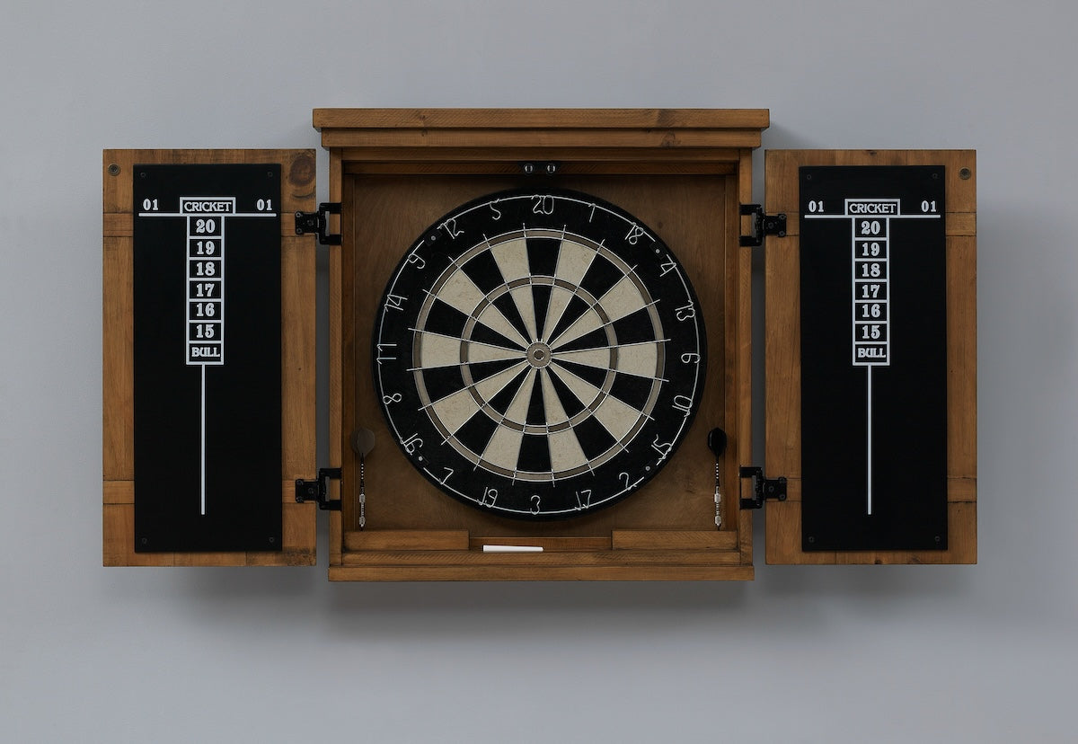 American Heritage Gateway dartboard cabinet mounted on a game-room wall.