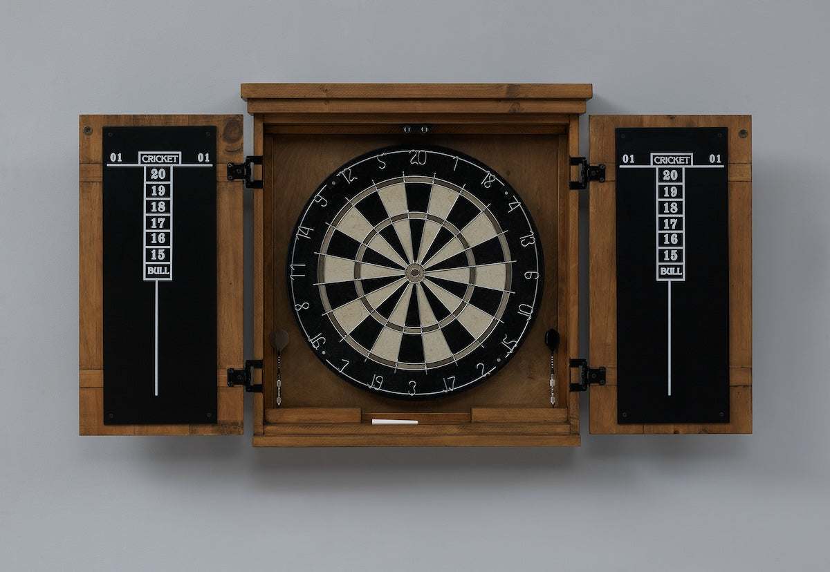 American Heritage Gateway dartboard cabinet mounted on a game-room wall.