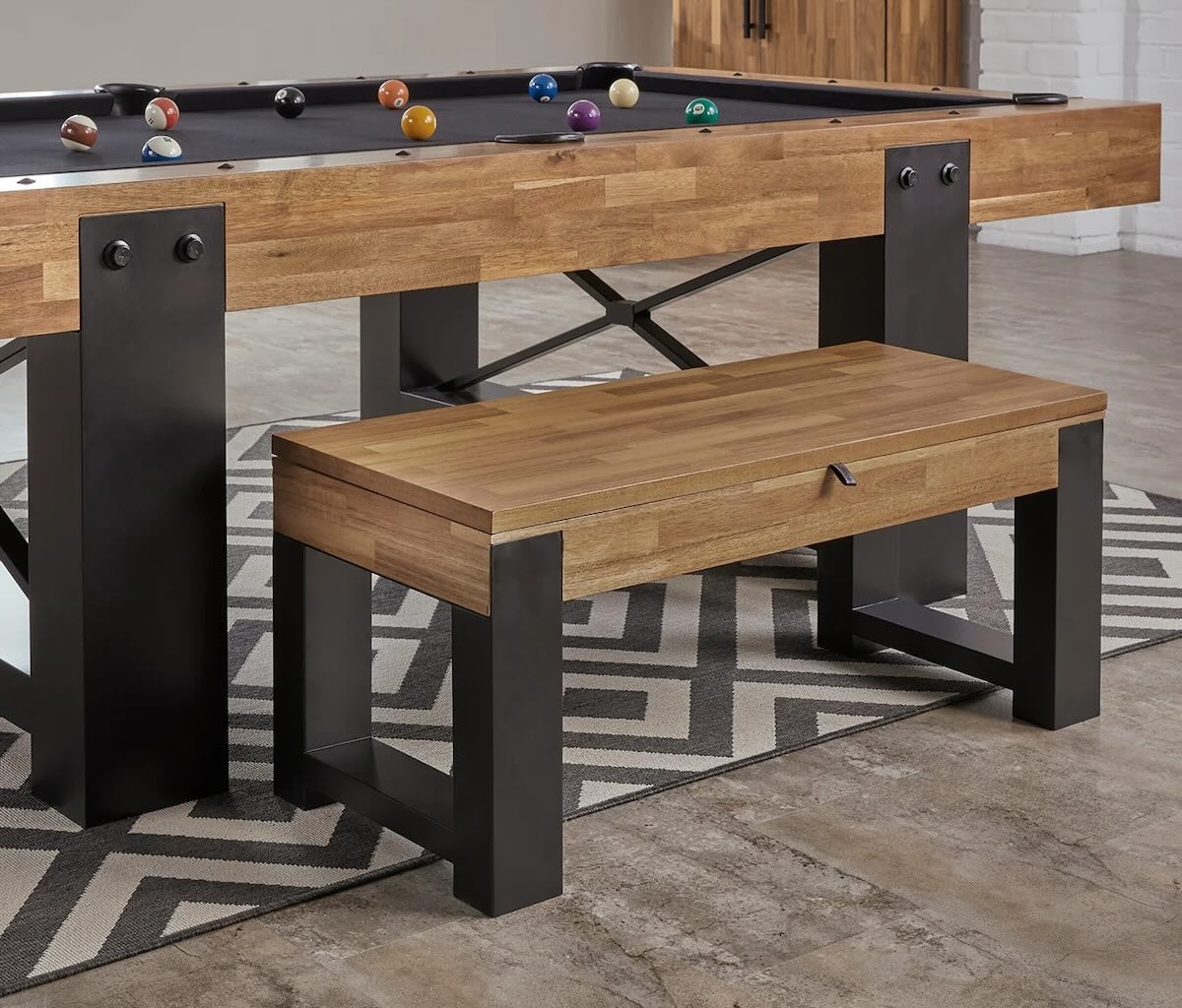 American Heritage Knoxville bench beside Knoxville pool table with storage for accessories.