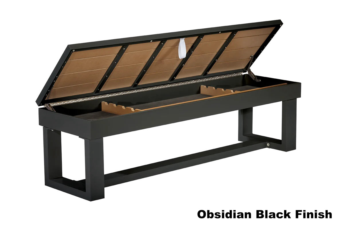American Heritage dining bench in Obsidian Black for outdoor Lanai pool table.