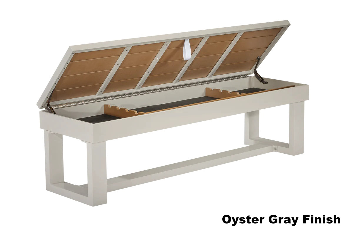 American Heritage storage bench in Oyster Gray for outdoor Lanai pool table.