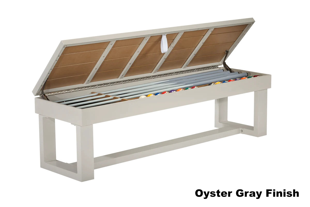 Lanai pool table bench in Oyster Gray finish with storage for billiard accessories - an American Heritage design.