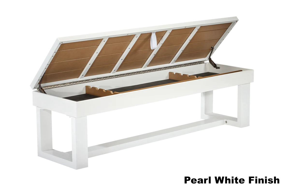 American Heritage bench with storage in Pearl White for outdoor Lanai pool table.