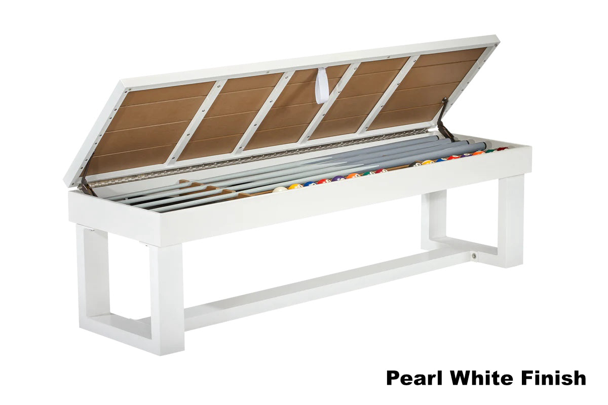 Lanai pool table dining storage bench in Pearl White finish designed by American Heritage.