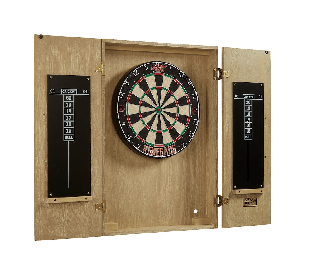 Port Royal American Heritage dartboard cabinet with dartboard inside - white oak finish.