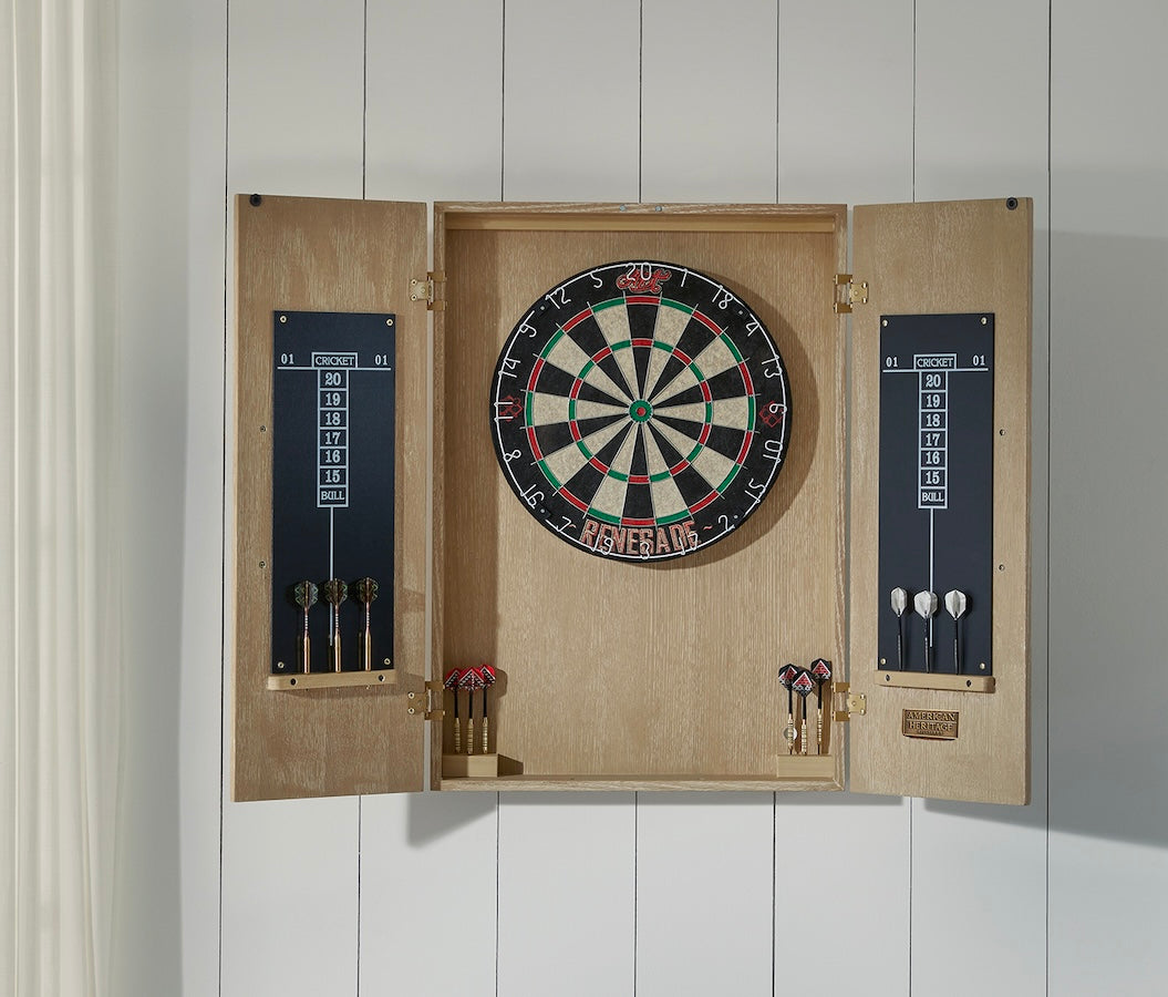 Open American Heritage Port Royal dartboard cabinet with dartboard inside.