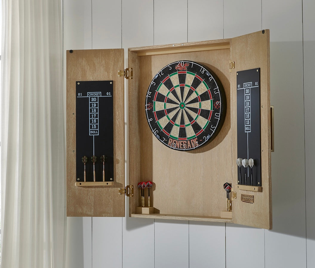 Angled view of the American Heritage Port Royal dartboard cabinet.