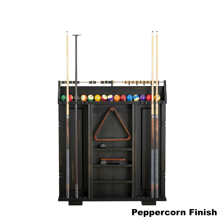 Providence pool cue rack designed by American Heritage with a Peppercorn wood finish.