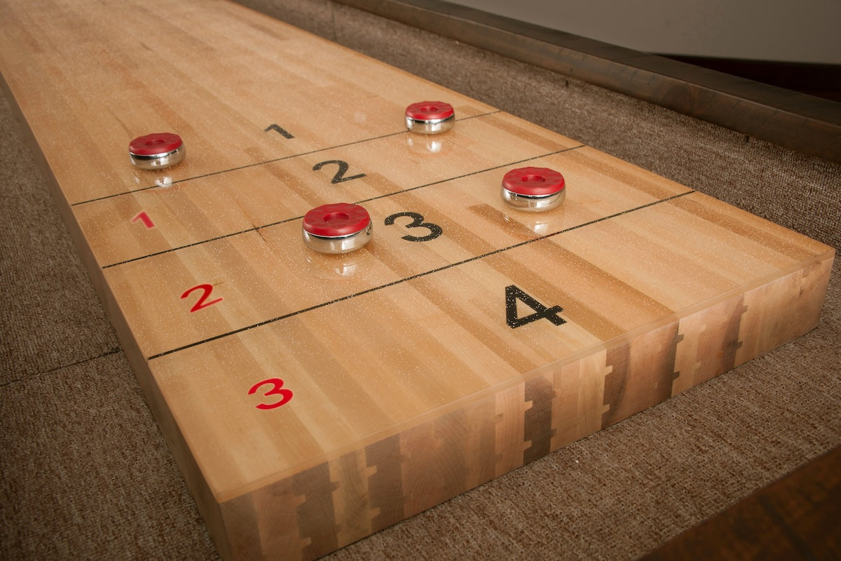 American Heritage Savannah shuffleboard table with Sable finish- closeup on end.