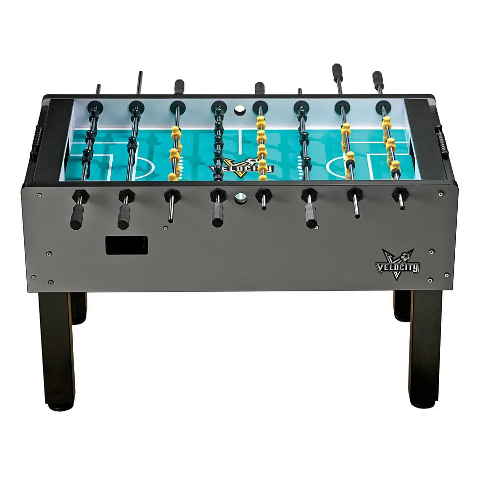 American Heritage Velocity foosball table in Silver finish with black and yellow players.
