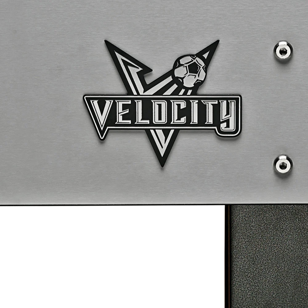 American Heritage Velocity foosball table in Silver - closeup on brand logo.
