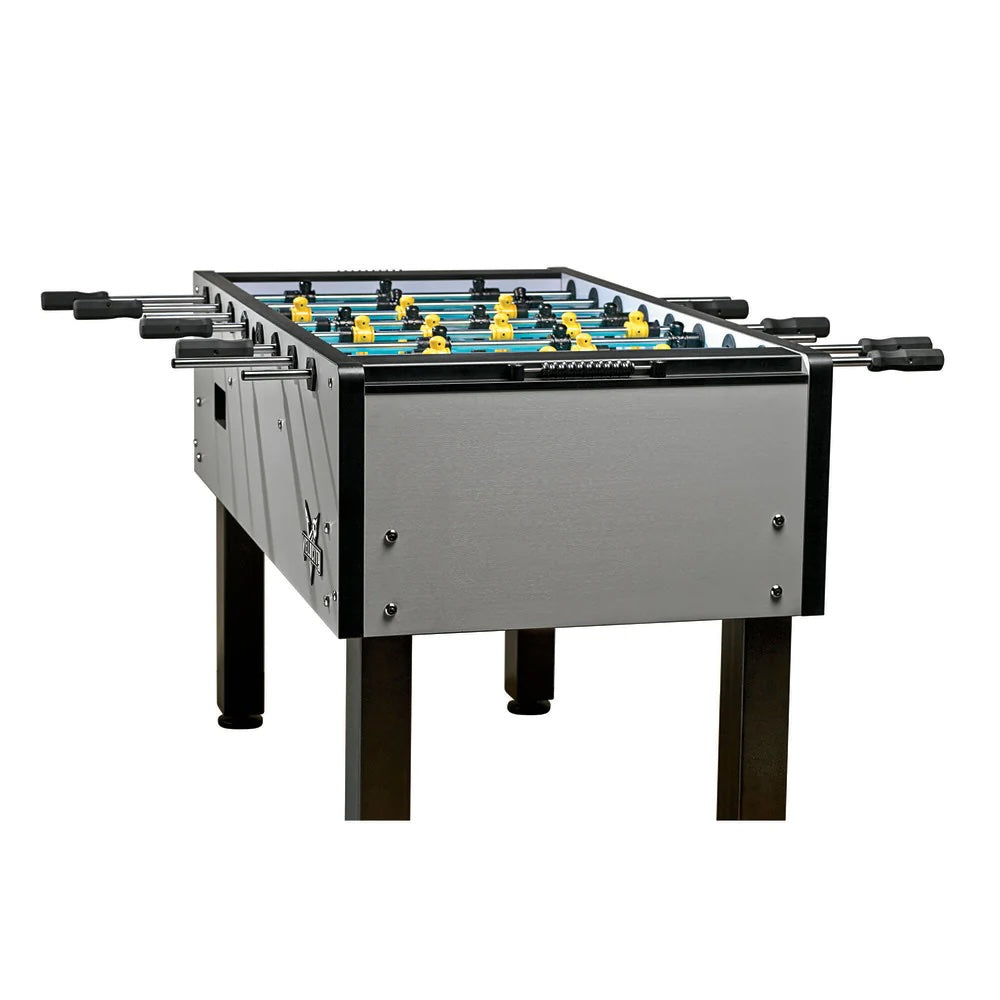 Velocity foosball table in Silver with black and yellow plastic players - an American Heritage design