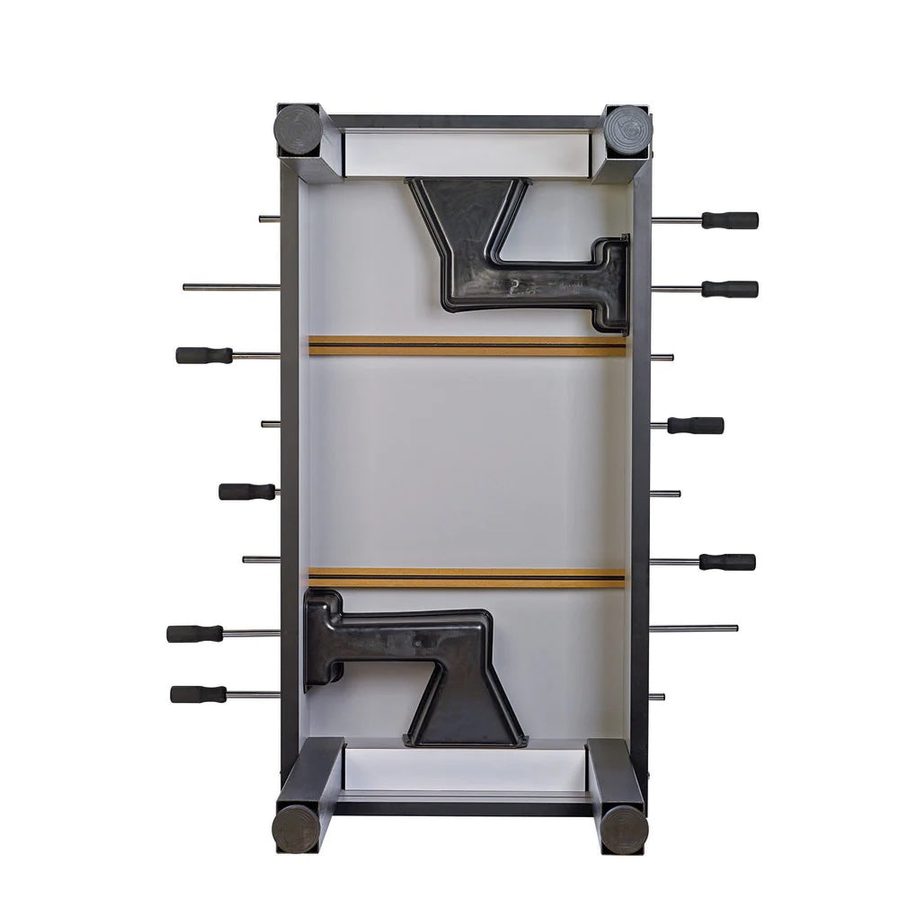 Underside of American Heritage Velocity foosball table in Silver.