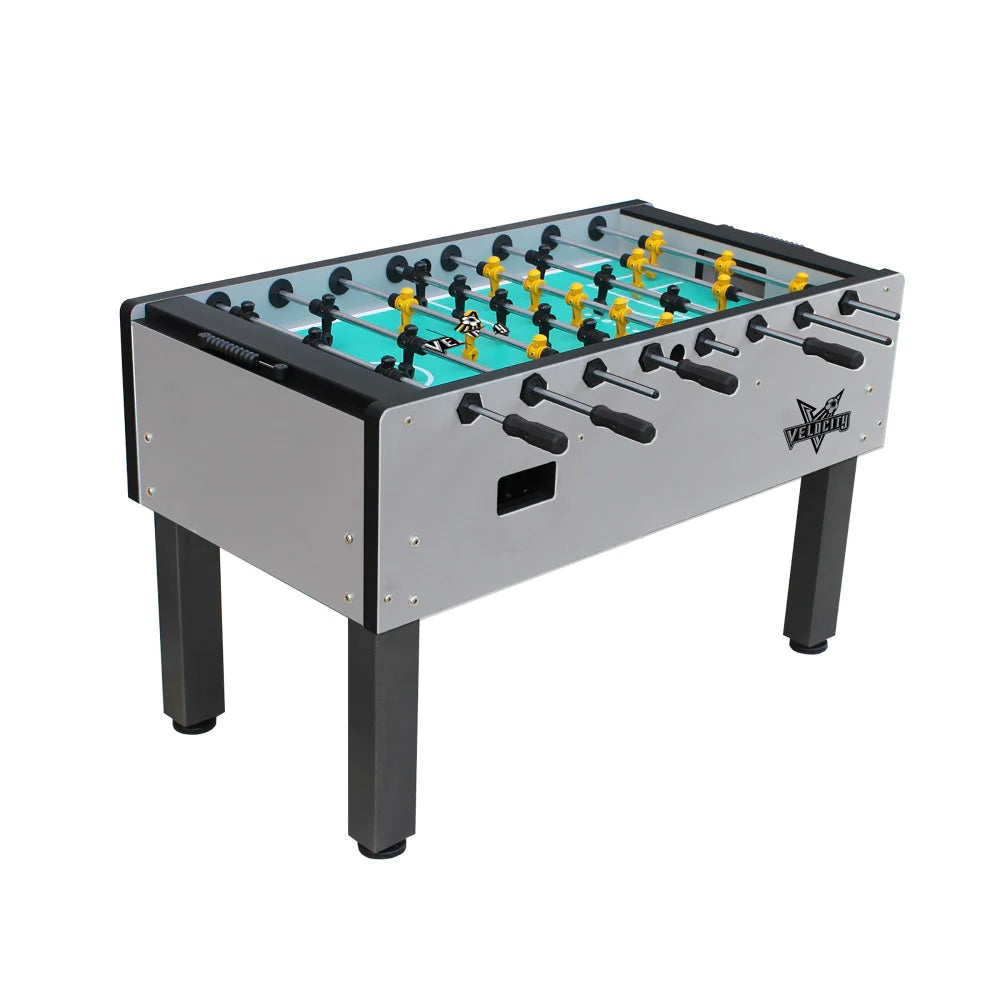 Angled view of the American Heritage Velocity foosbale table in Silver.