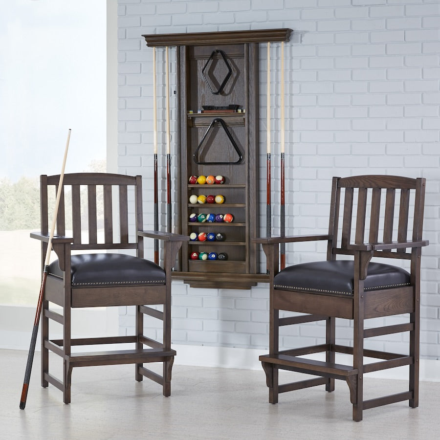 8-cue American Heritage Venice wall rack with a Riverbank wood finish wall-mounted in a game room.