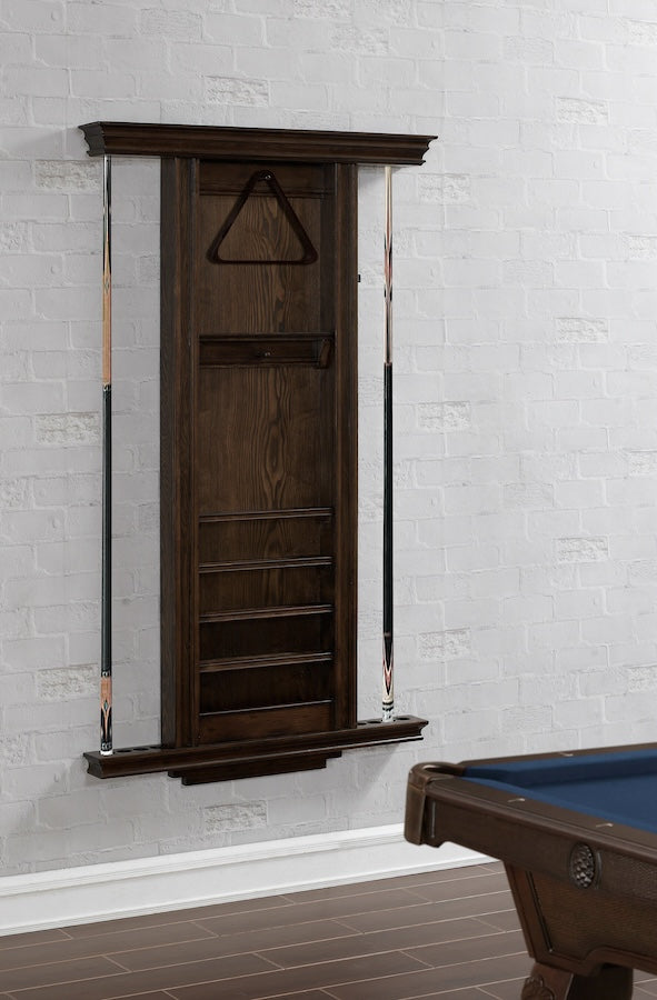 Angled view of a Venice pool cue rack by American Heritage in a Riverbank wood finish.