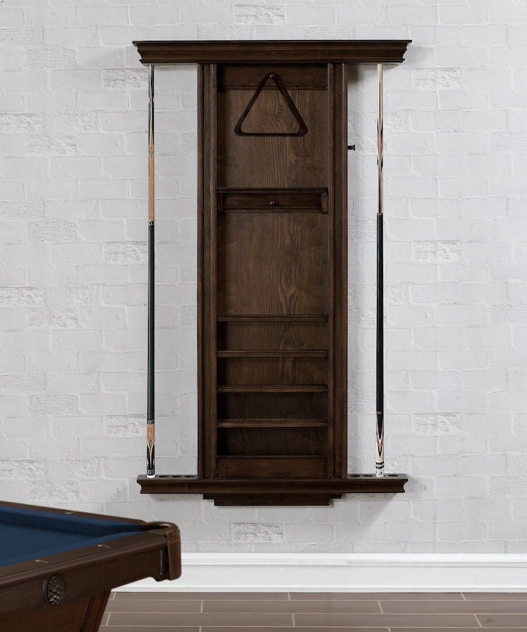 Empty American Heritage Venice rack in Riverbank mounted on a wall of a game room.