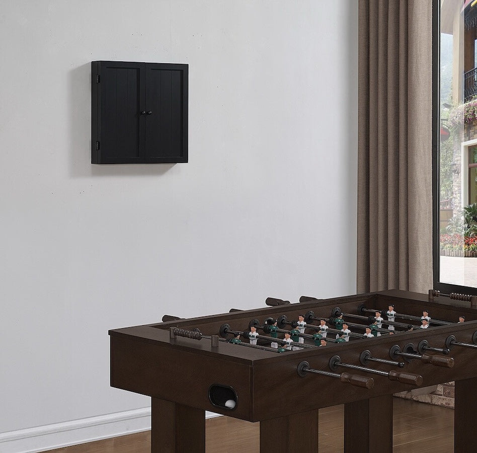 Vienna dartboard cabinet by American Heritage mounted on a game-room wall.