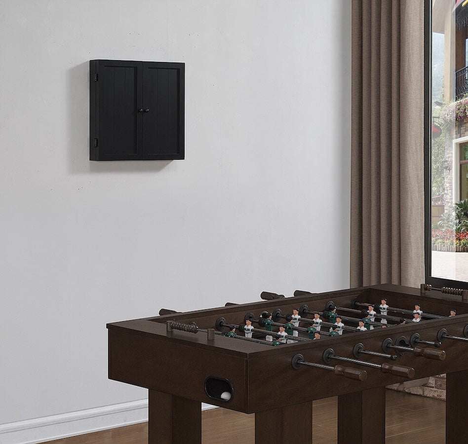 Vienna dartboard cabinet by American Heritage mounted on a game-room wall.