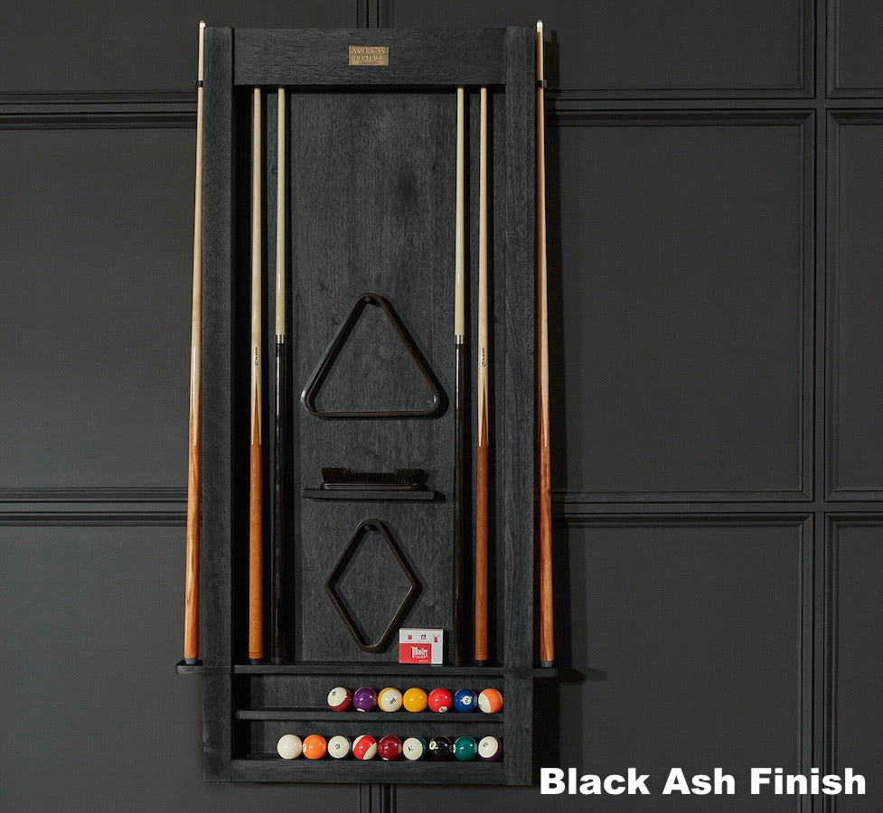 American Heritage Alta 6-cue rack in Black Ash with storage for 6 cues and billiard accessories.