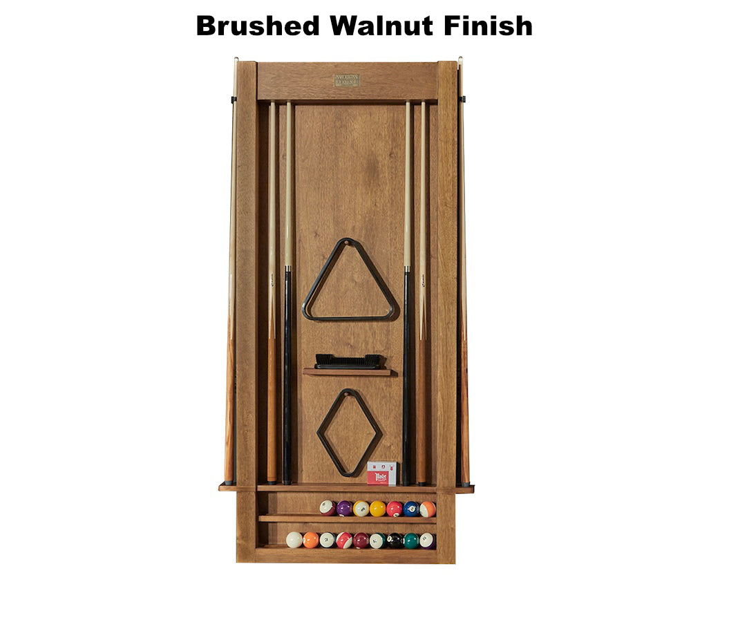 Angled view of American Heritage Alta 6-cue rack in Brushed Walntu finish.