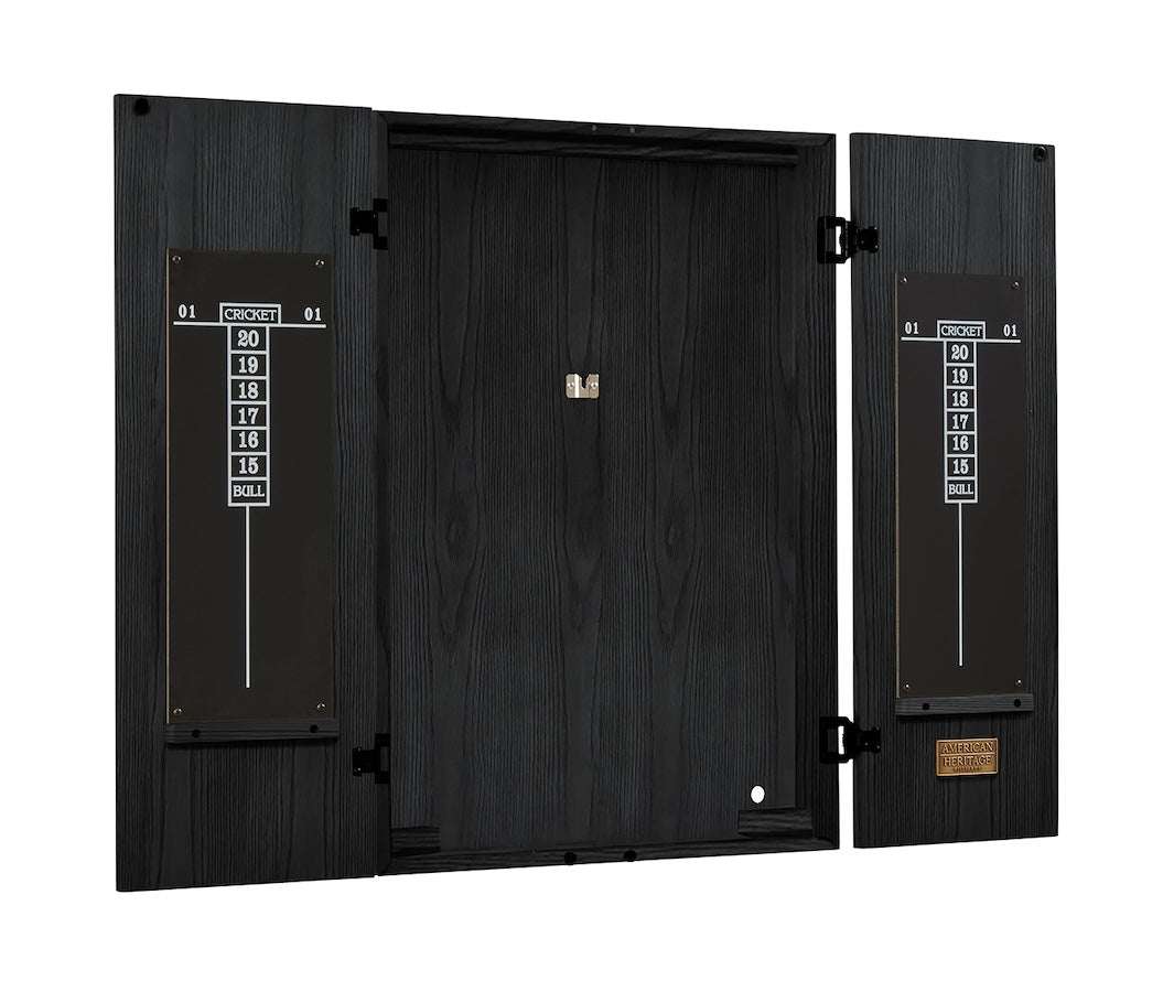 The Alta dartboard cabinet in Black Ash designed by American Heritage.