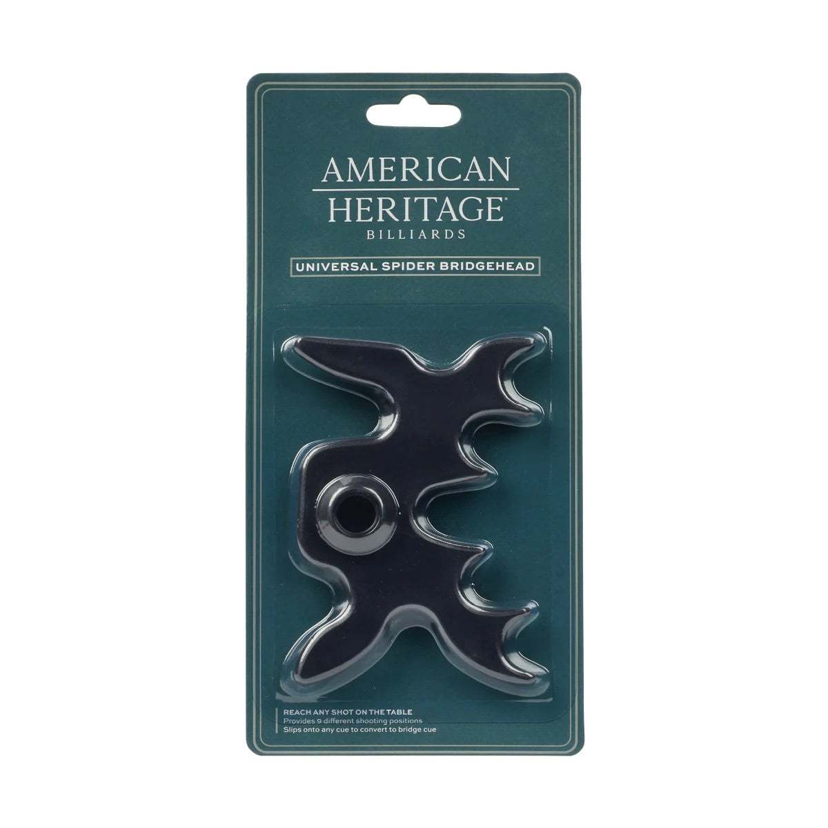 Spider Bridgehead pool cue accessory in black plastic with rubber grommet for scratch protection and multiple bridge positions.