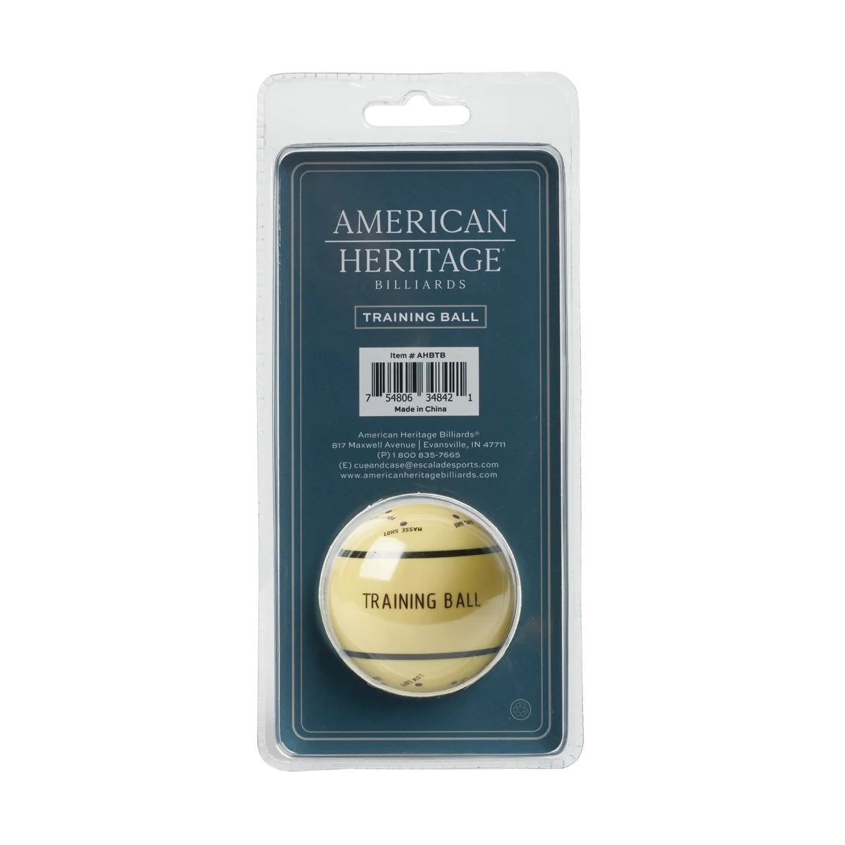Backside cover of packaged American Heritage billiards training ball.