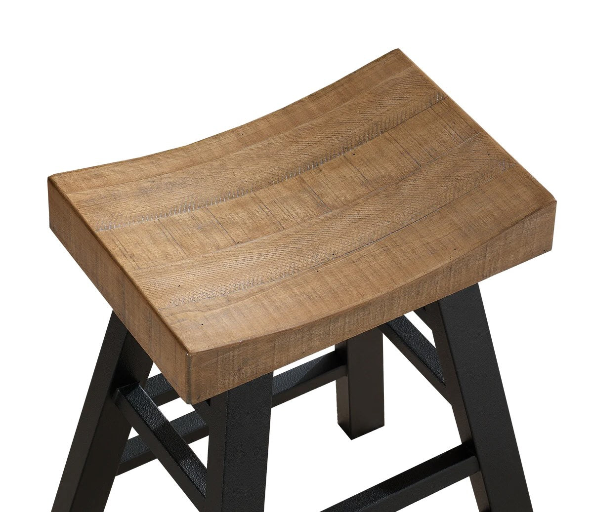 Closeup on American Heritage Cheyenne stool in Reclaimed wood finish and Graphite finish on the legs.