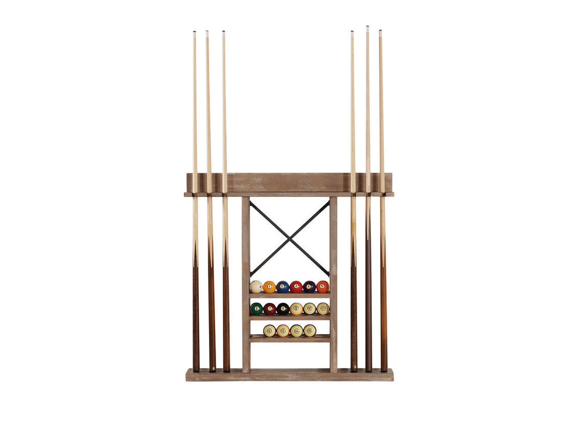 The Nixon Billiards Hunter wall rack in a Weathered Natural finish with pool ball and cues.