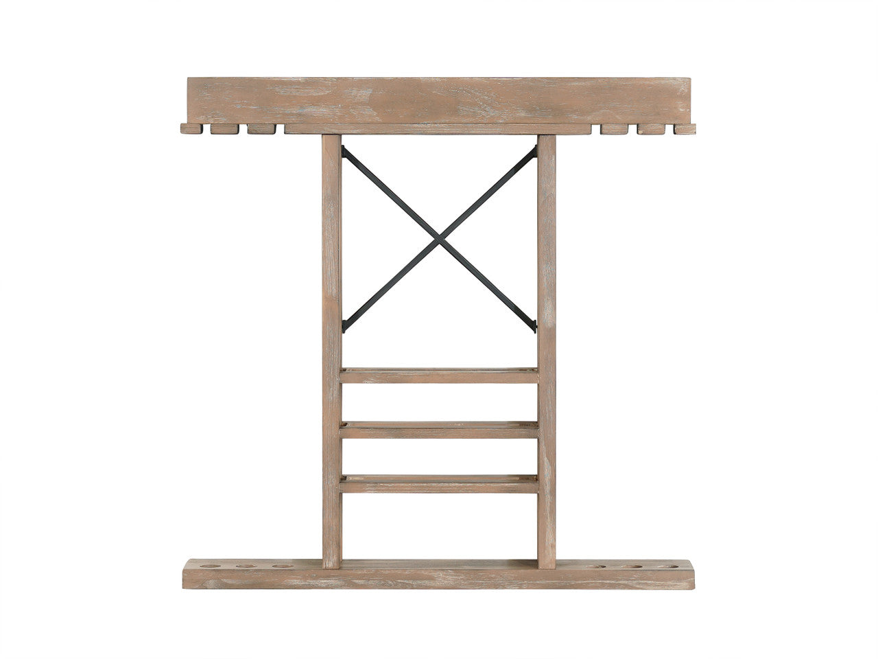 A photo of an empty Hunter wall rack with a Weathered Natural finish made by Nixon Billiards.