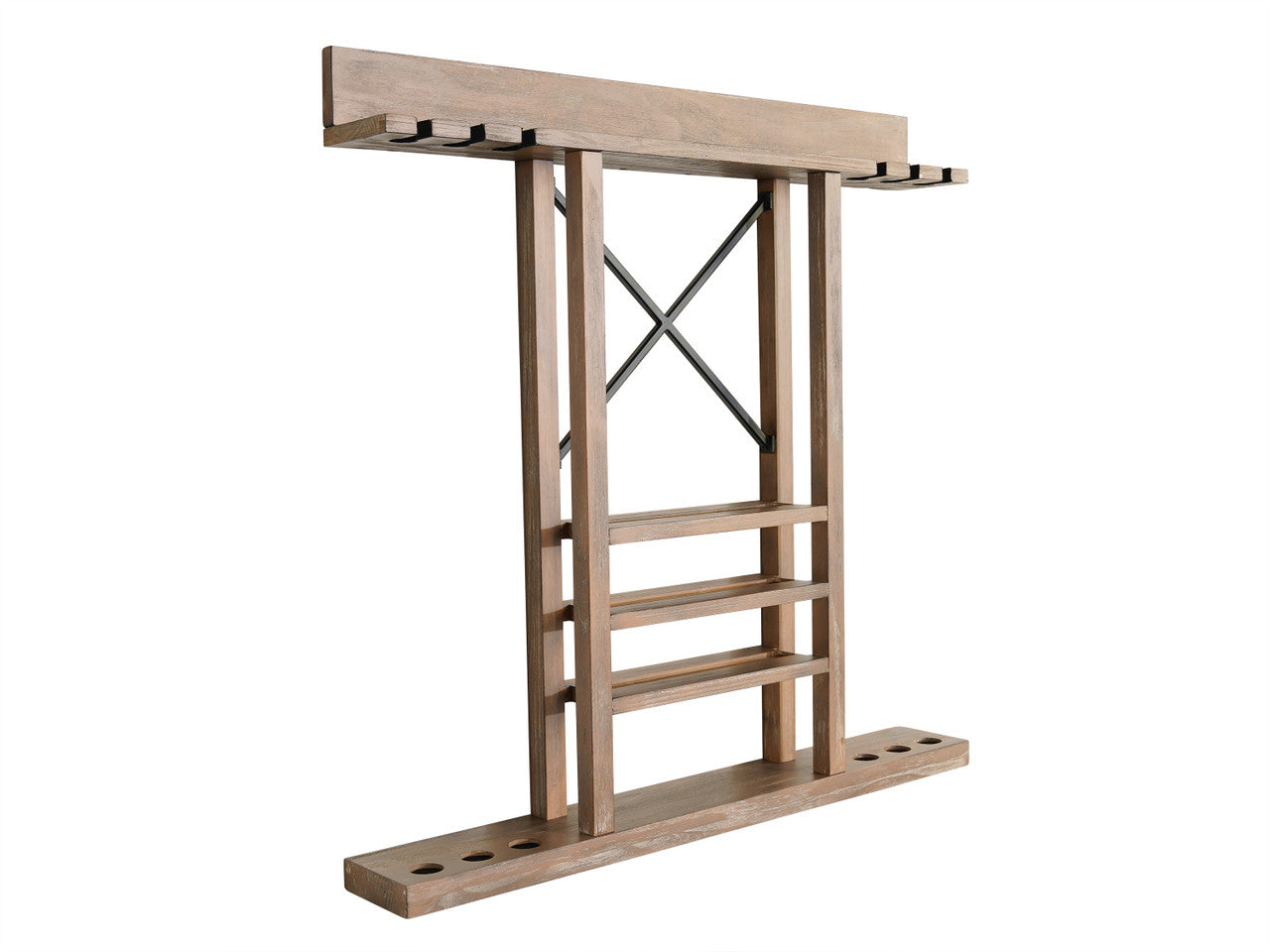 An angle photo of the Hunter wall rack with a Weathered Natural finish made by Nixon Billiards.