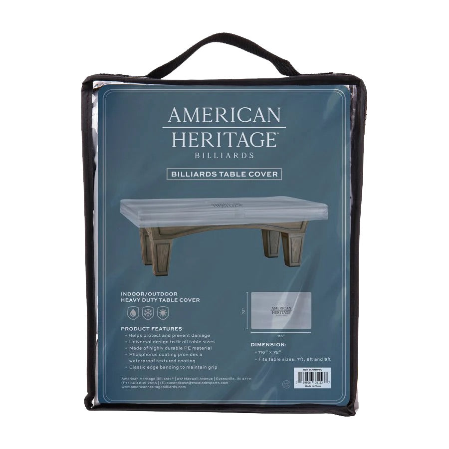 Pool table cover for indoor or outdoor use designed by American Heritage.