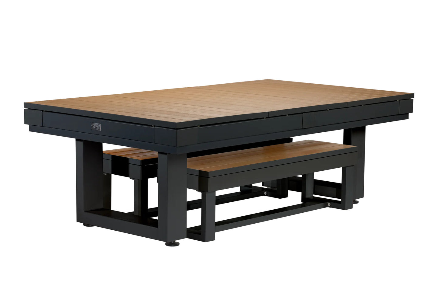 American Heritage Lanai pool table in Obsidian Black with Lanai storage and dining benches.