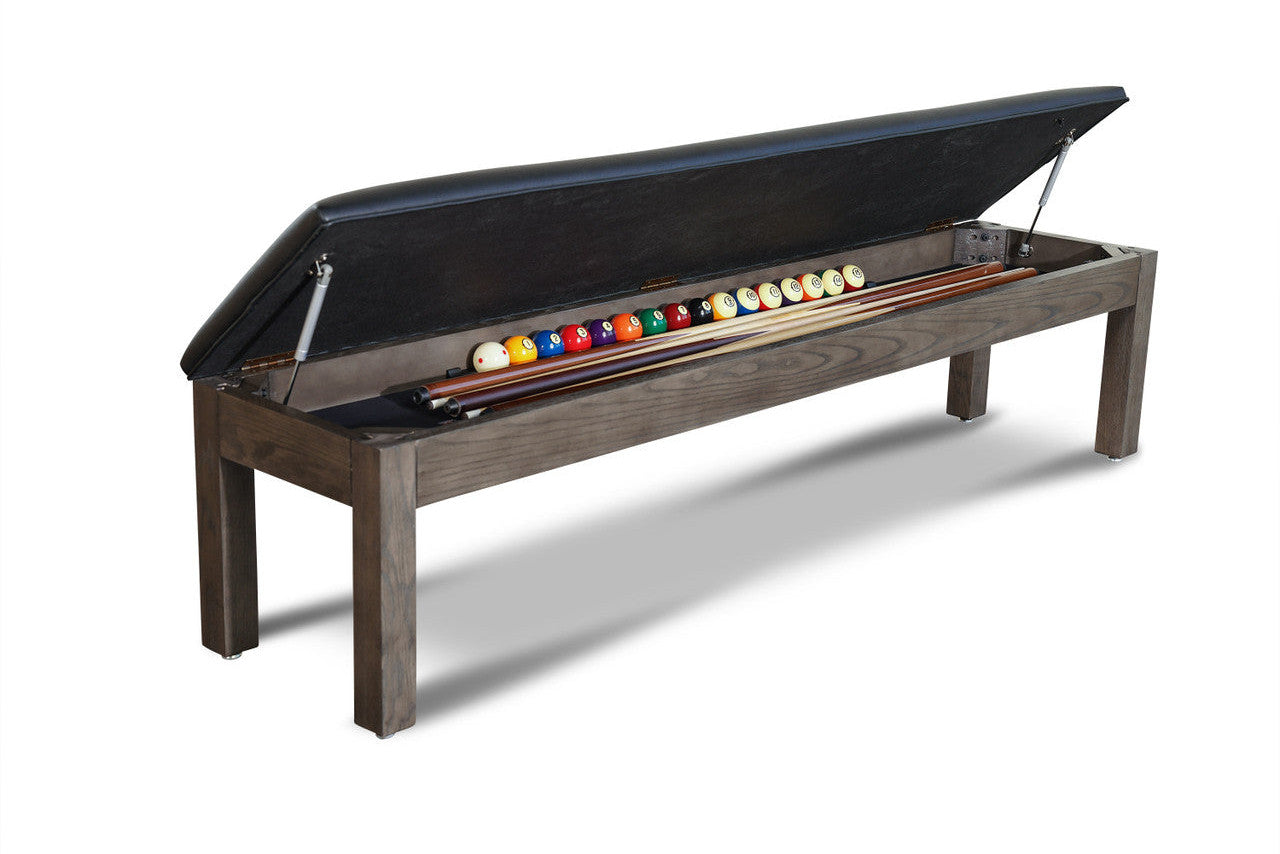 Accessory storage under the seat of a Nixon pool table bench.