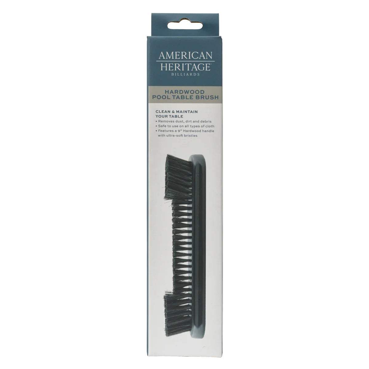 Hardwood Pool Table Brush with black ultra-soft bristles and black 9-inch hardwood handle in American Heritage packaging