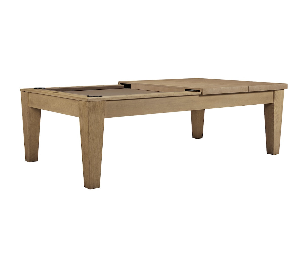 Two pieces of the American Heritage Port Royal dining top placed on top of a Port Royal pool table.