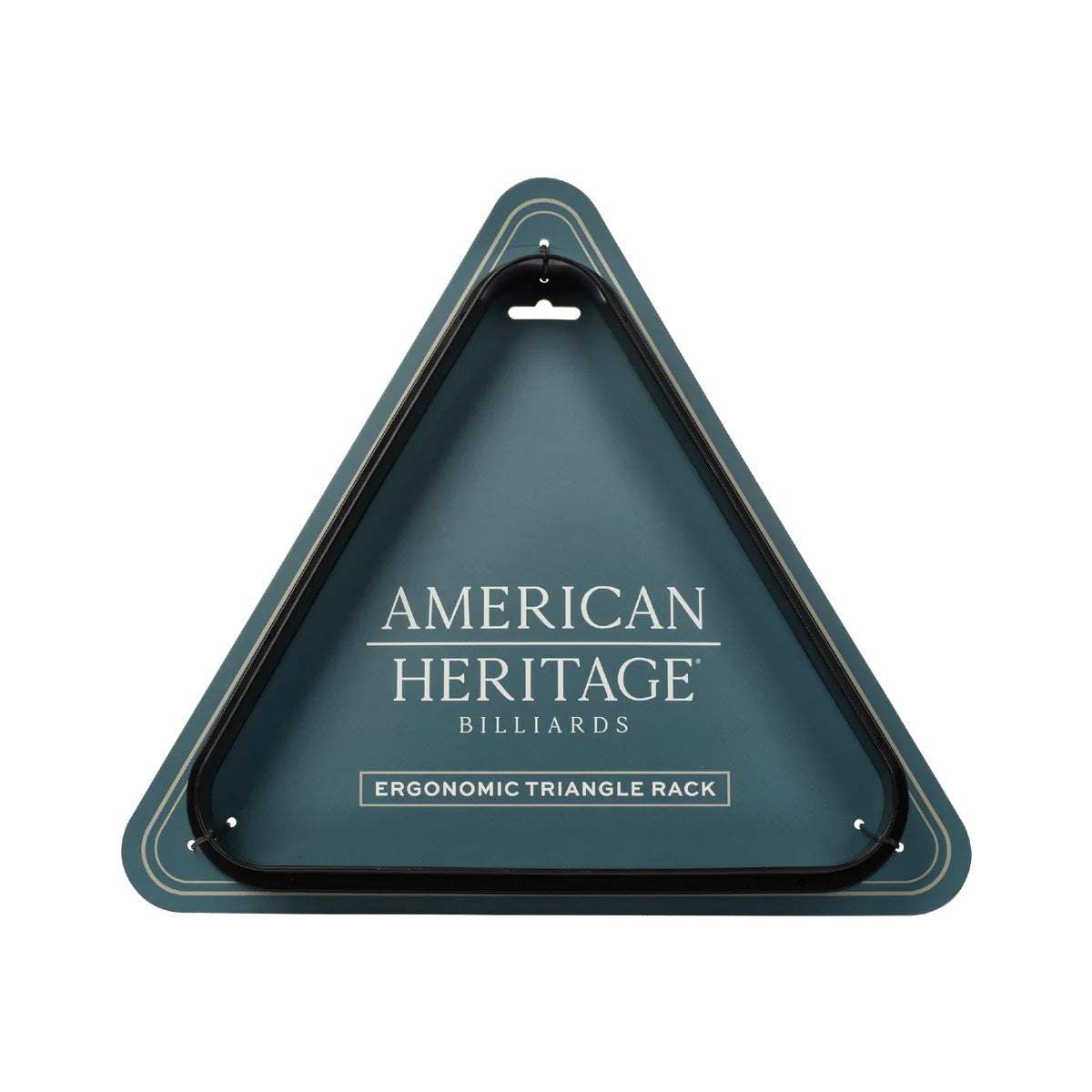 Triangle Pool Ball Rack in black, made of durable material with a sleek, ergonomic triangular design and American Heritage branding.